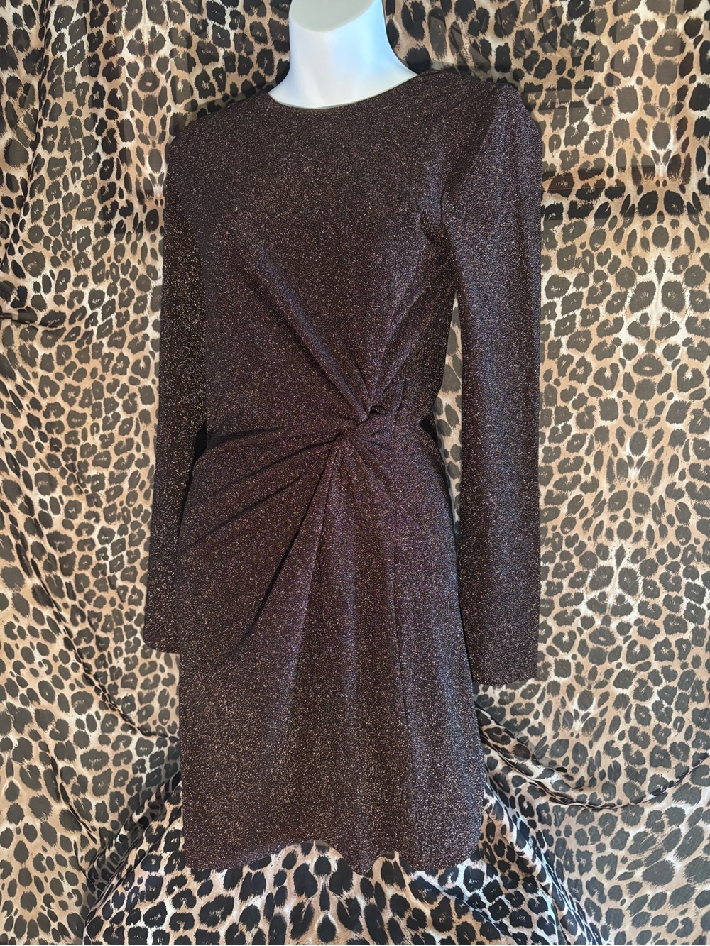 H&M Metallic Brown Twist-Waist Long-Sleeve Mini Dress